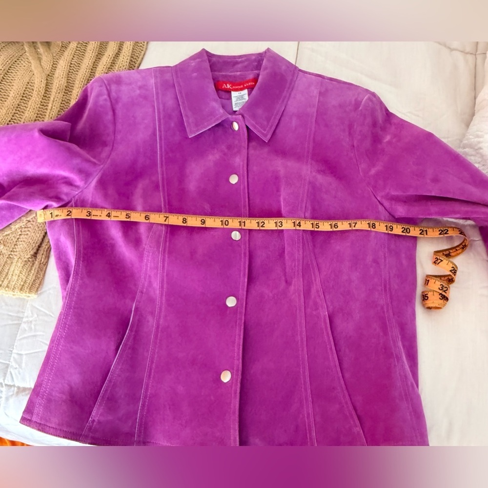 Vintage Anne Klein pink purple suede moto jacket snap close collar pockets 14 EC - Picture 10 of 10